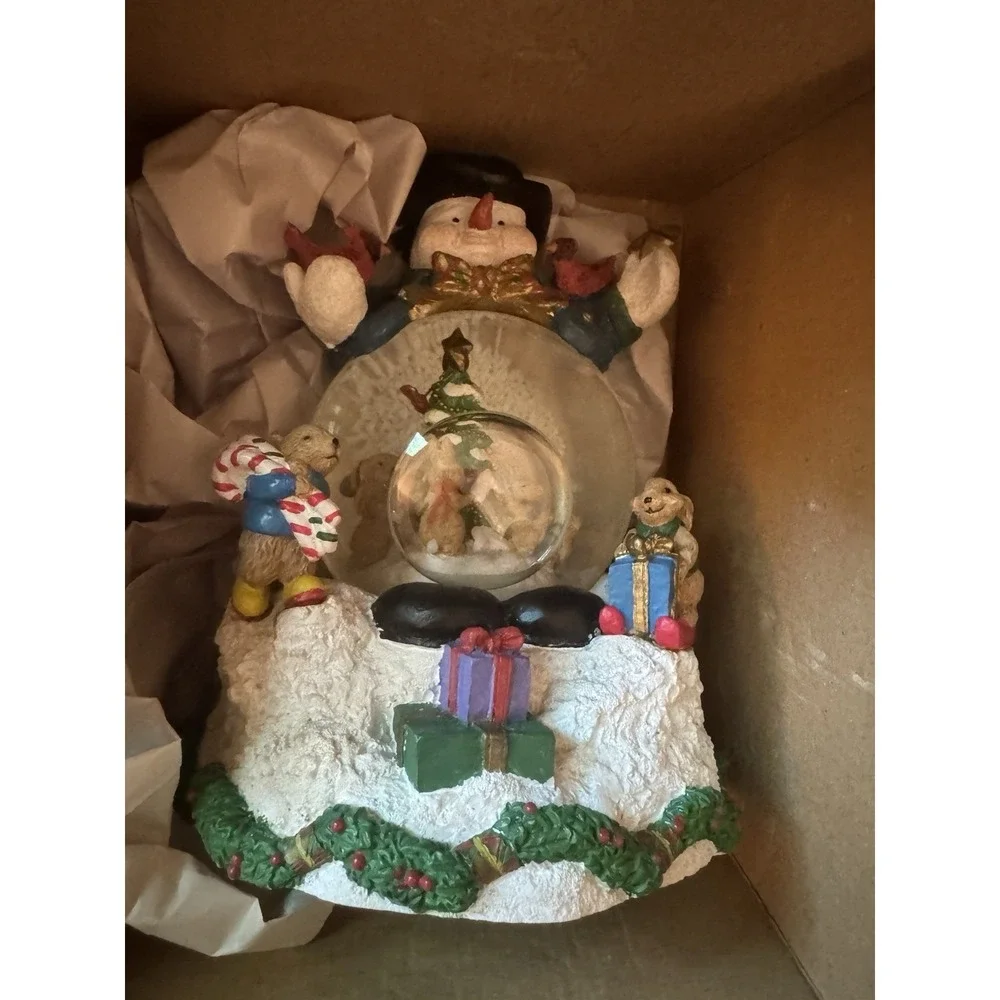 Vintage Three Jay's Musical Snowman Snow Globe Bunnies & Bears Woodland Holiday